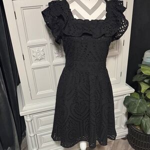 Ryegrass Black Eyelet Fit & Flair Dress w/ Ruffle Sleeves Size Small